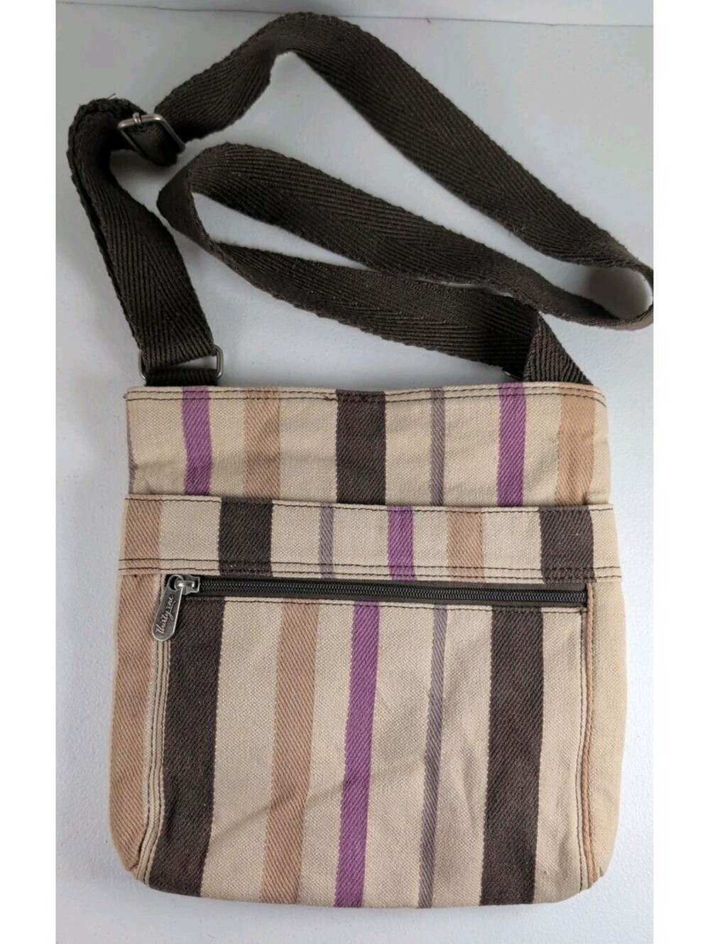 Thirty One Striped Crossbody Bag Purse Flat Zip Pocket Brown Purple Beige